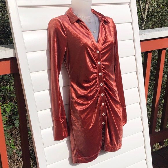 Free People Copper Rust Metallic Button Ruched Long Sleeve Dress - Picture 5 of 10